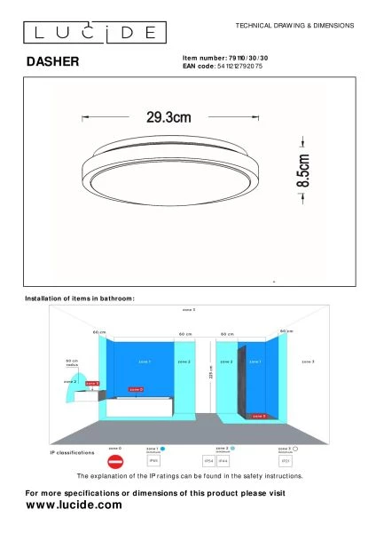 Lucide DASHER - Plafonnier Salle de bains - Ø 29,3 cm - LED - 1x12W 2700K - IP44 - Détecteur De Mouvement - Noir - technique